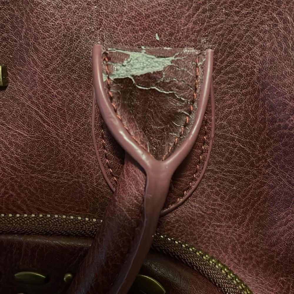 Steve Madden burgundy faux leather satchel with rustic studs accent. - Picture 13 of 16
